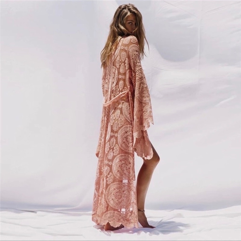 Boho Peachy Cream Scalloped Embroidered Malie Kimono Duster, Stressed Lace - Picture 3 of 8
